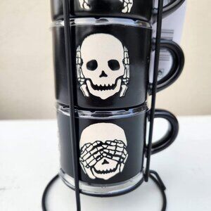 NEW Ceramic Skeleton Espresso Mugs Mug Set of 4 Stacking Stackable Black Stonewa